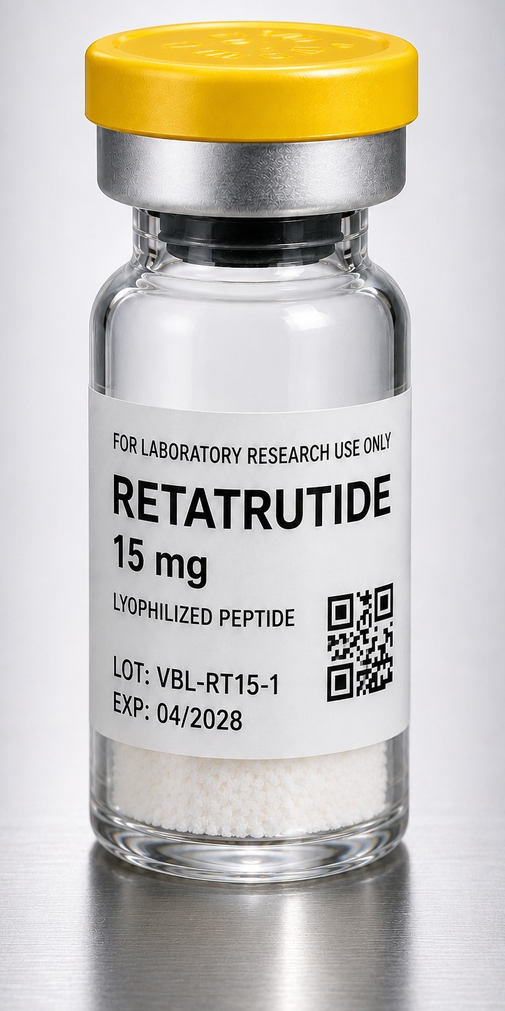 RETATRUTIDE metabolic signaling research 15 mg lyophilized peptide vial for laboratory use.