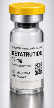 RETATRUTIDE metabolic signaling research 15 mg lyophilized peptide vial for laboratory use.