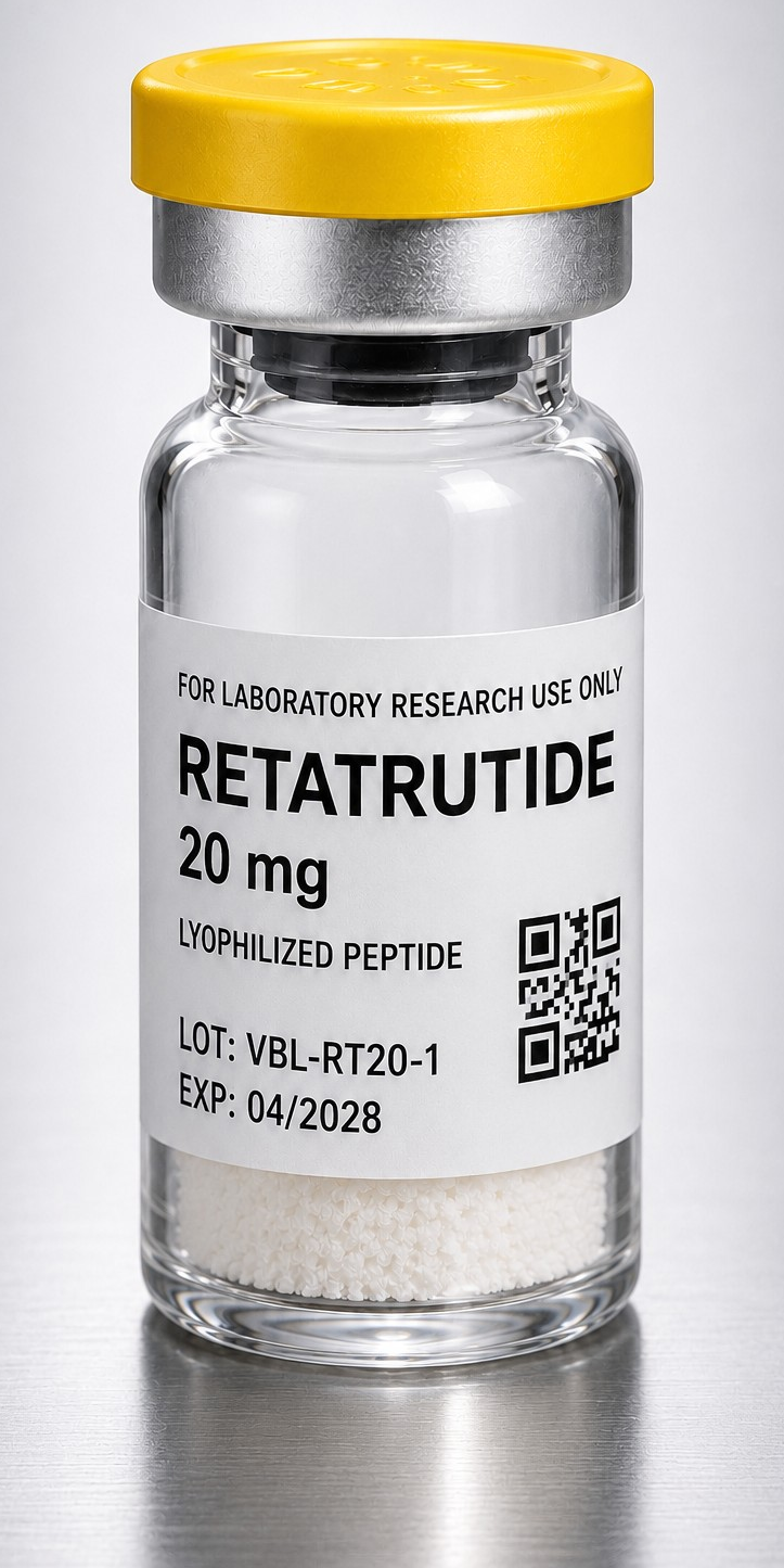RETATRUTIDE metabolic signaling research 20 mg lyophilized peptide vial for laboratory use.